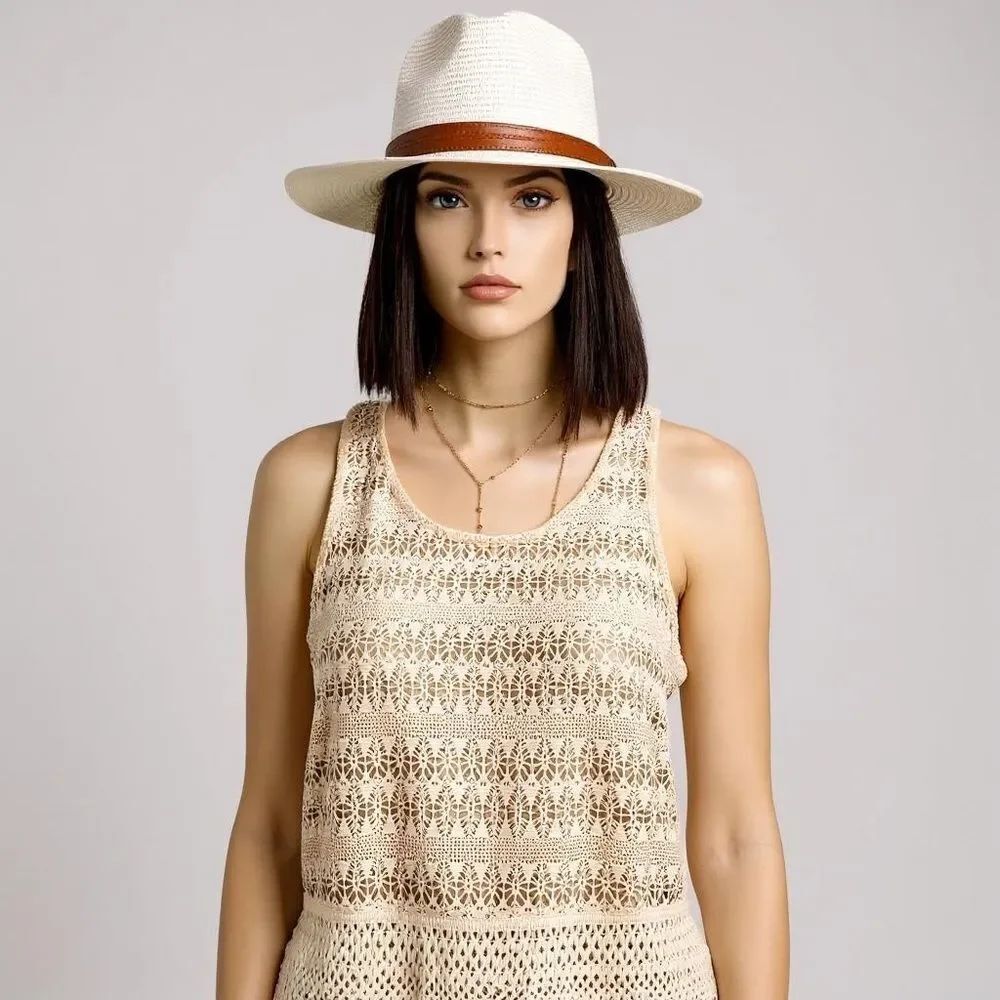 Wide Brim Fedora Straw Sun Hat OS NWT